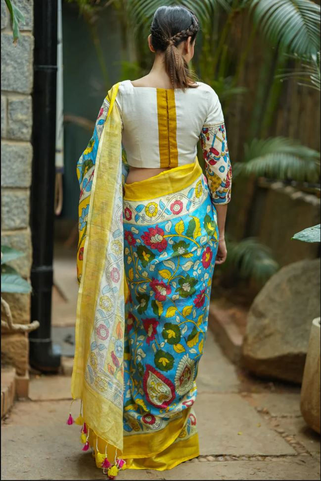 Blue and Yellow Color Cotton Linen Saree With Unstitched Blouse Piece