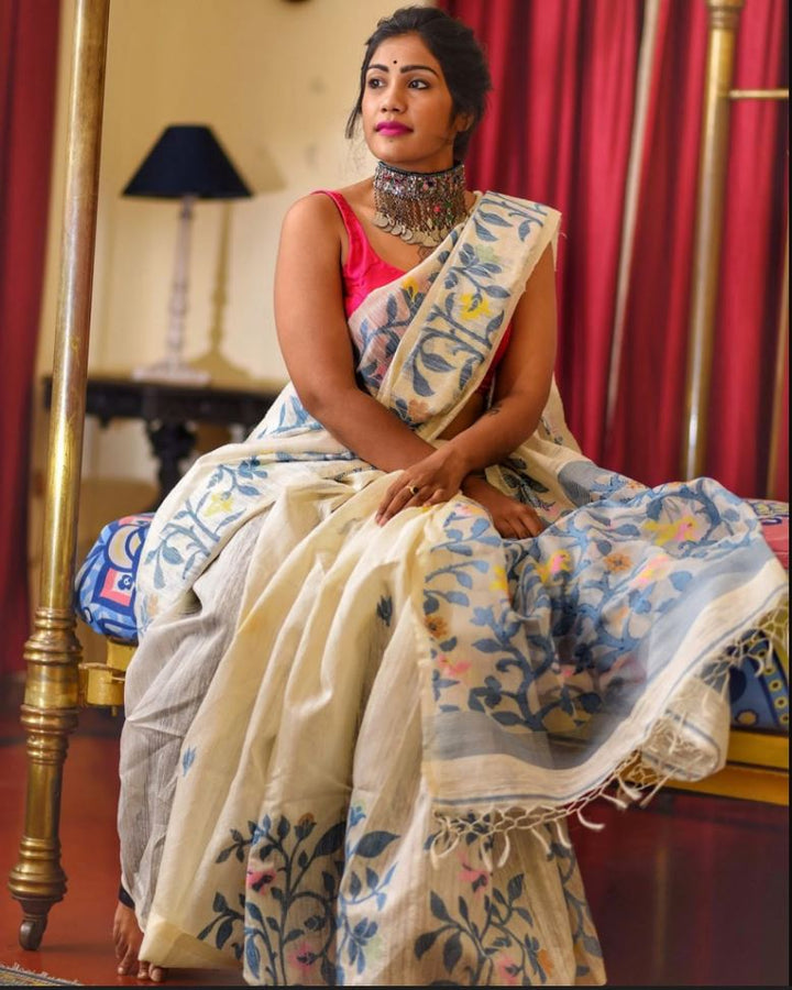 Off-White Color Cotton Linen Saree With Unstitched Blouse Piece