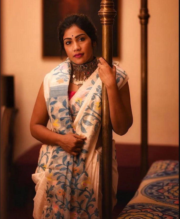 Off-White Color Cotton Linen Saree With Unstitched Blouse Piece