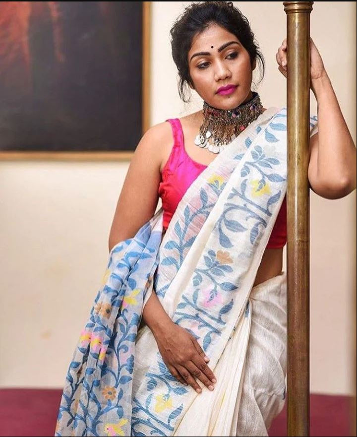 Off-White Color Cotton Linen Saree With Unstitched Blouse Piece
