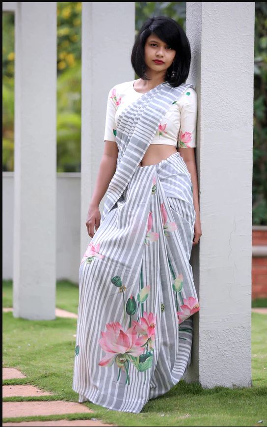 White Color Cotton Linen Saree With Unstitched Blouse Piece