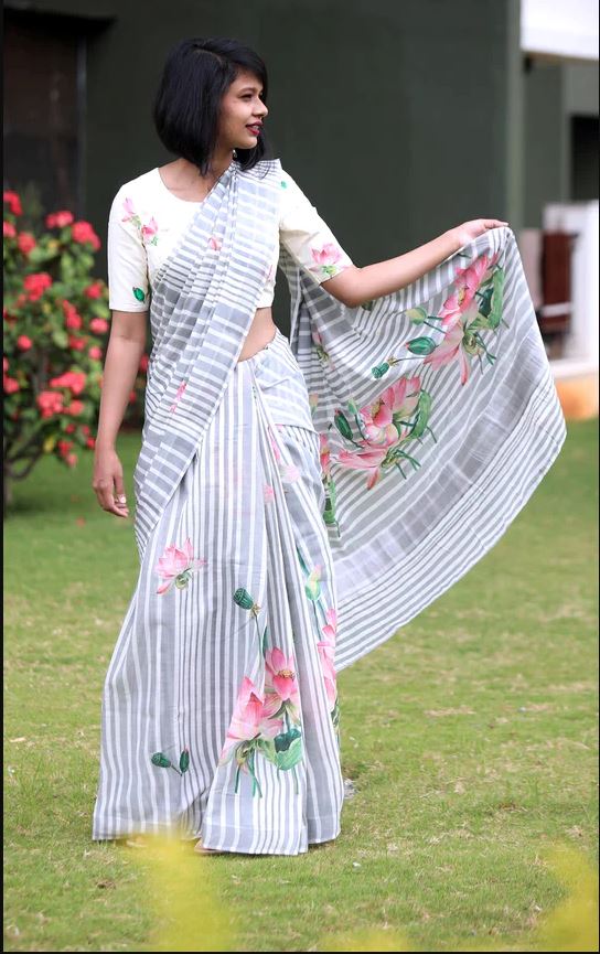 White Color Cotton Linen Saree With Unstitched Blouse Piece