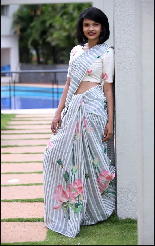 White Color Cotton Linen Saree With Unstitched Blouse Piece