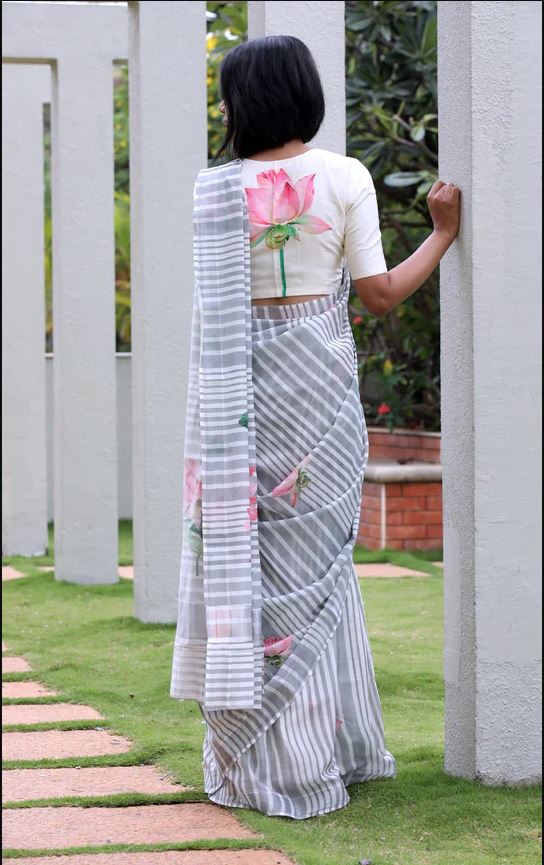 White Color Cotton Linen Saree With Unstitched Blouse Piece