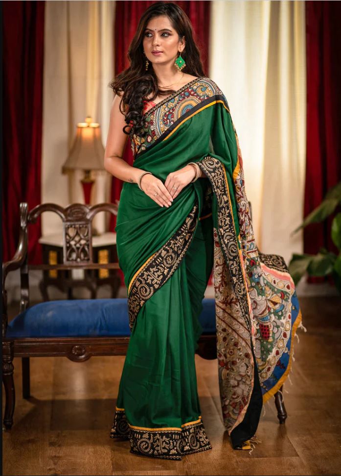 Green Color Cotton Linen Saree With Unstitched Blouse Piece