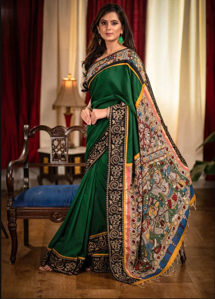 Green Color Cotton Linen Saree With Unstitched Blouse Piece