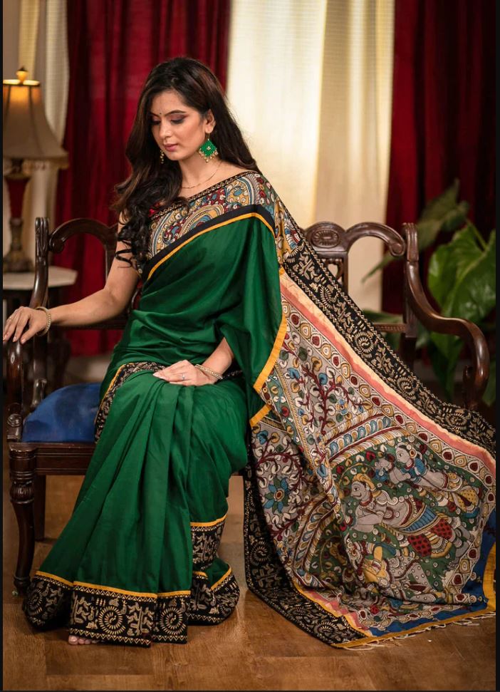 Green Color Cotton Linen Saree With Unstitched Blouse Piece