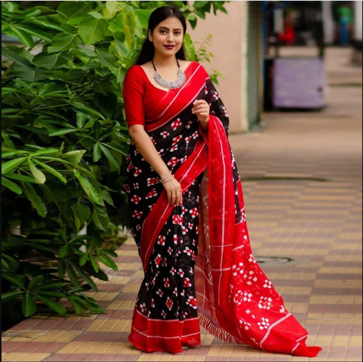 Black and Red Color Cotton Linen Saree With Unstitched Blouse Piece
