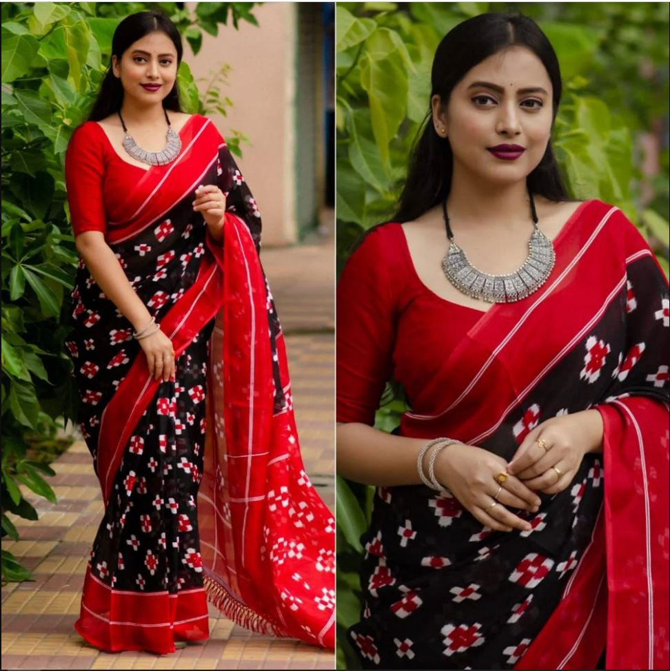 Black and Red Color Cotton Linen Saree With Unstitched Blouse Piece