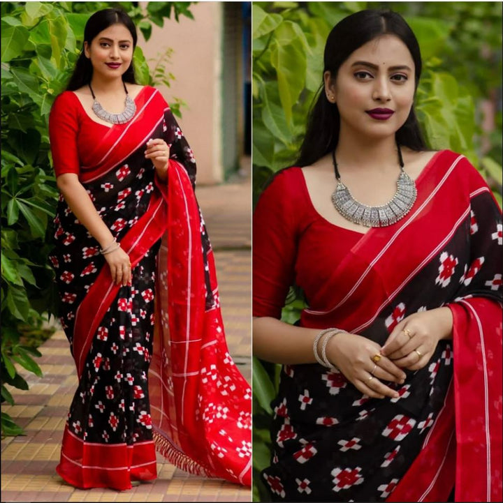 Black and Red Color Cotton Linen Saree With Unstitched Blouse Piece
