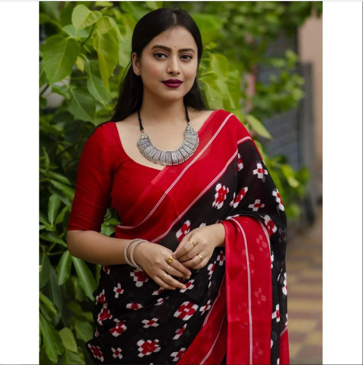 Black and Red Color Cotton Linen Saree With Unstitched Blouse Piece