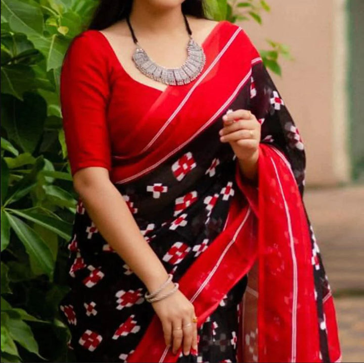Black and Red Color Cotton Linen Saree With Unstitched Blouse Piece