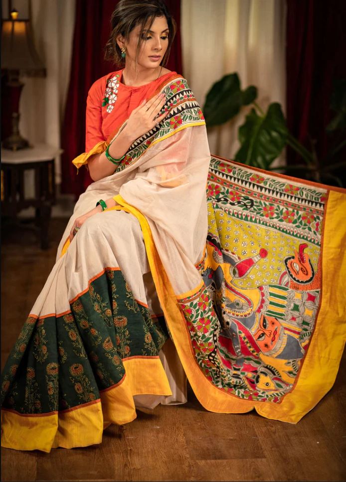 Multi Color Cotton Linen Saree With Unstitched Blouse Piece
