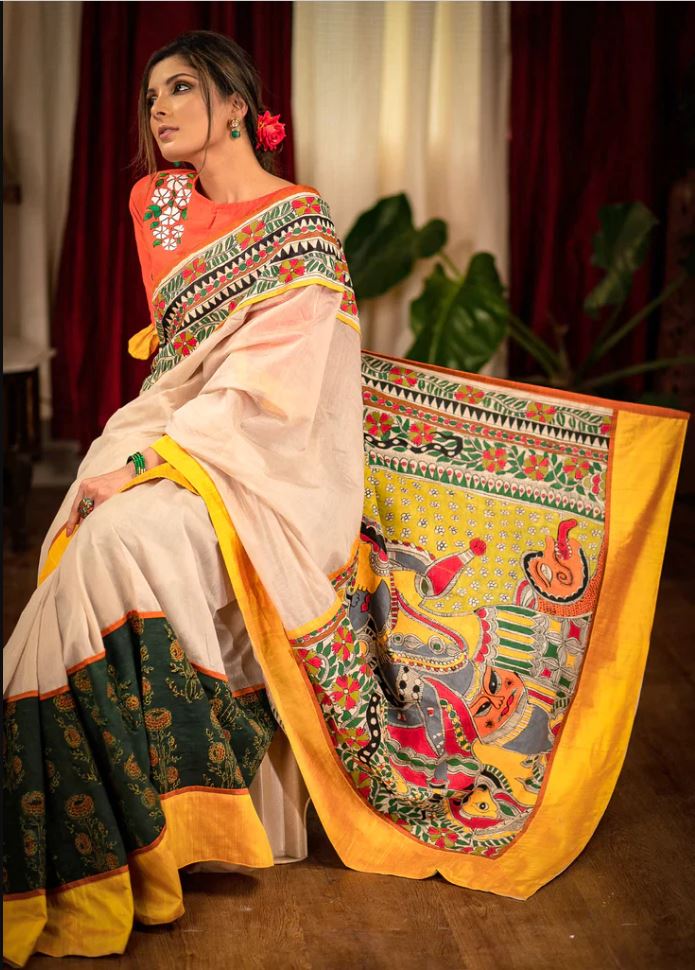 Multi Color Cotton Linen Saree With Unstitched Blouse Piece