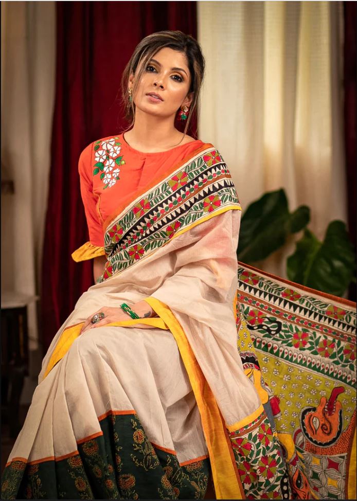 Multi Color Cotton Linen Saree With Unstitched Blouse Piece