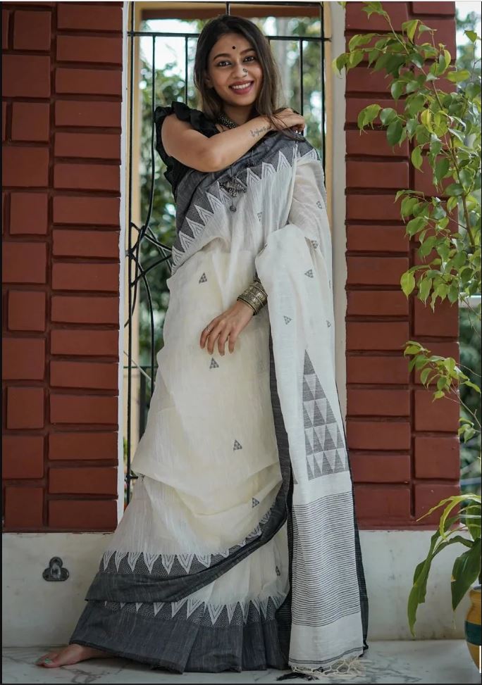 White Color Cotton Linen Saree With Unstitched Blouse Piece