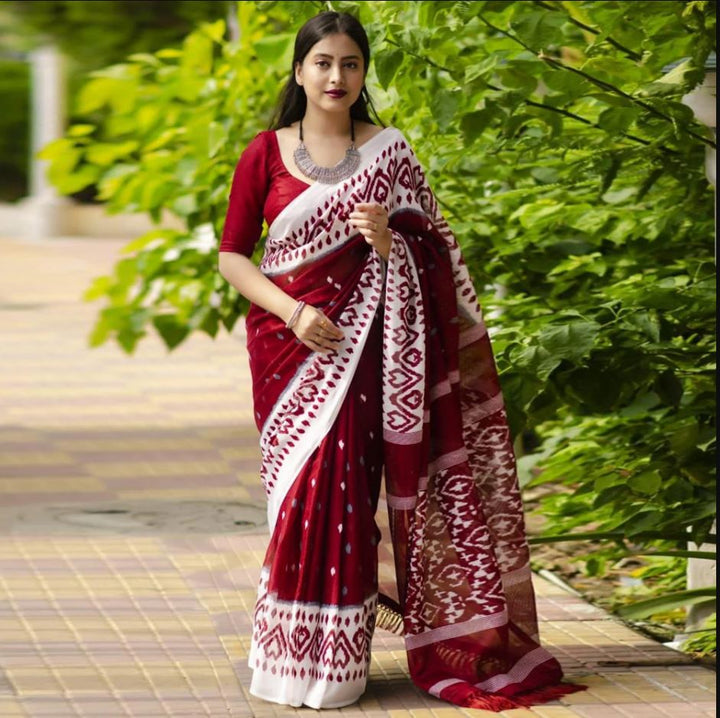 Maroon Color Cotton Linen Saree With Unstitched Blouse Piece