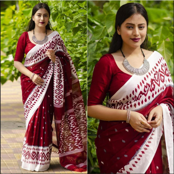 Maroon Color Cotton Linen Saree With Unstitched Blouse Piece