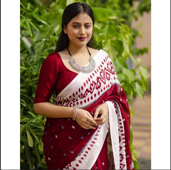 Maroon Color Cotton Linen Saree With Unstitched Blouse Piece