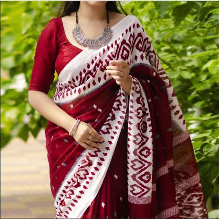 Maroon Color Cotton Linen Saree With Unstitched Blouse Piece