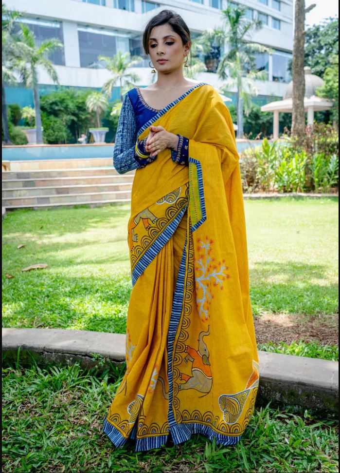 Yellow Color Cotton Linen Saree With Unstitched Blouse Piece