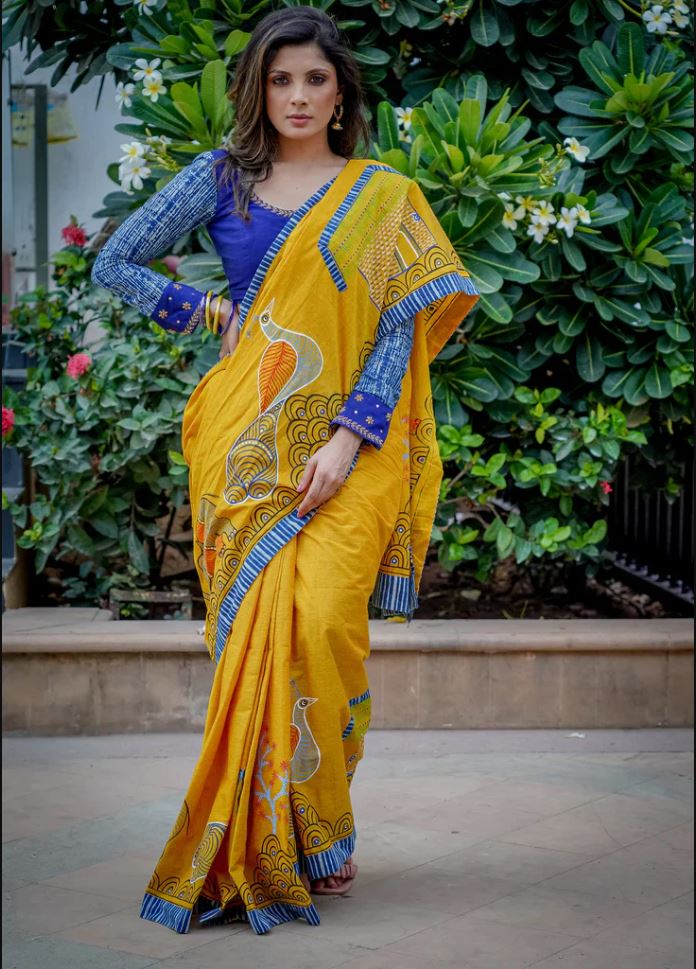 Yellow Color Cotton Linen Saree With Unstitched Blouse Piece
