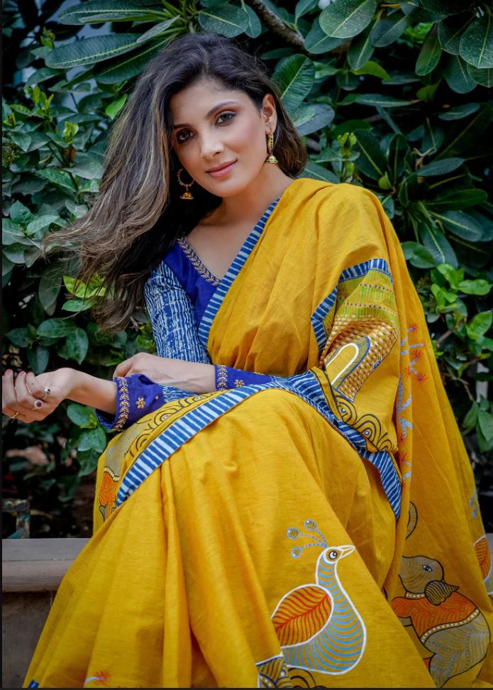Yellow Color Cotton Linen Saree With Unstitched Blouse Piece