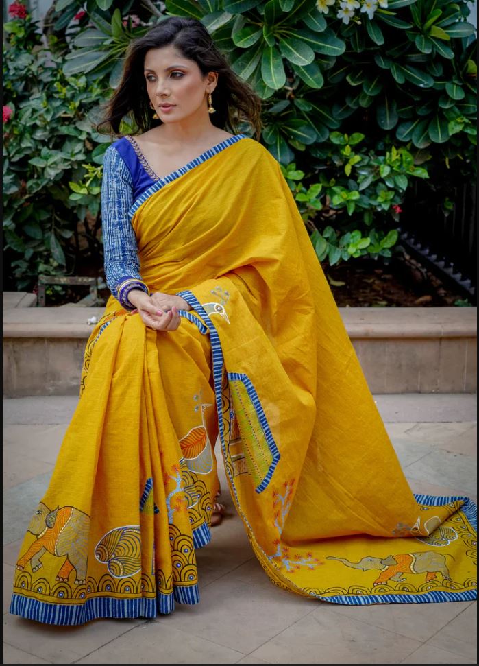 Yellow Color Cotton Linen Saree With Unstitched Blouse Piece