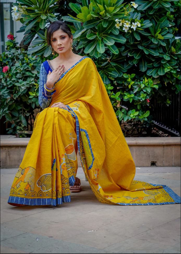 Yellow Color Cotton Linen Saree With Unstitched Blouse Piece