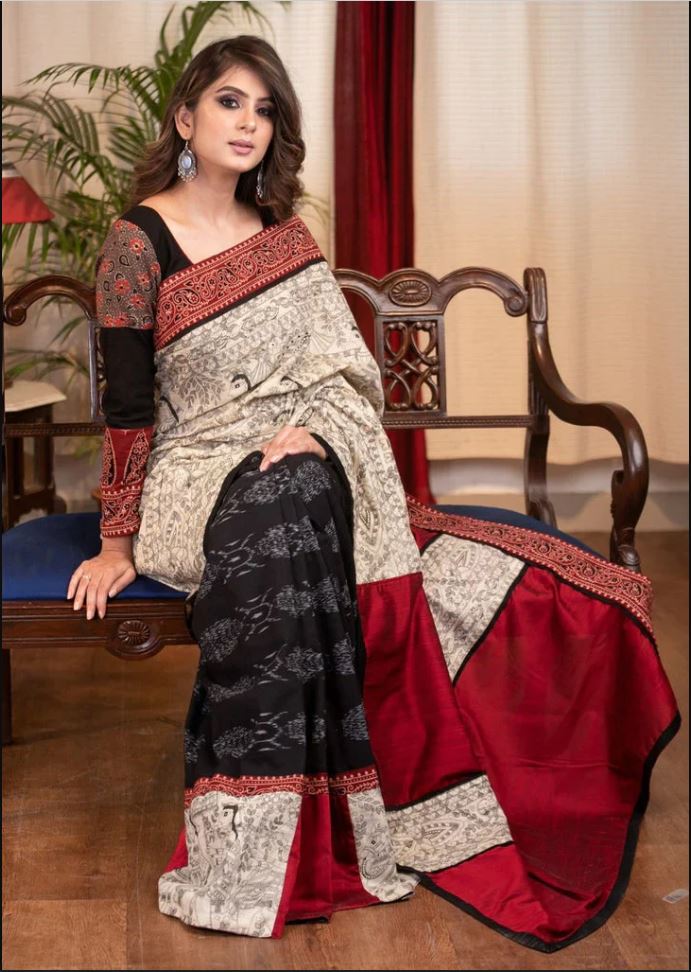 Multi Color Cotton Linen Saree With Unstitched Blouse Piece
