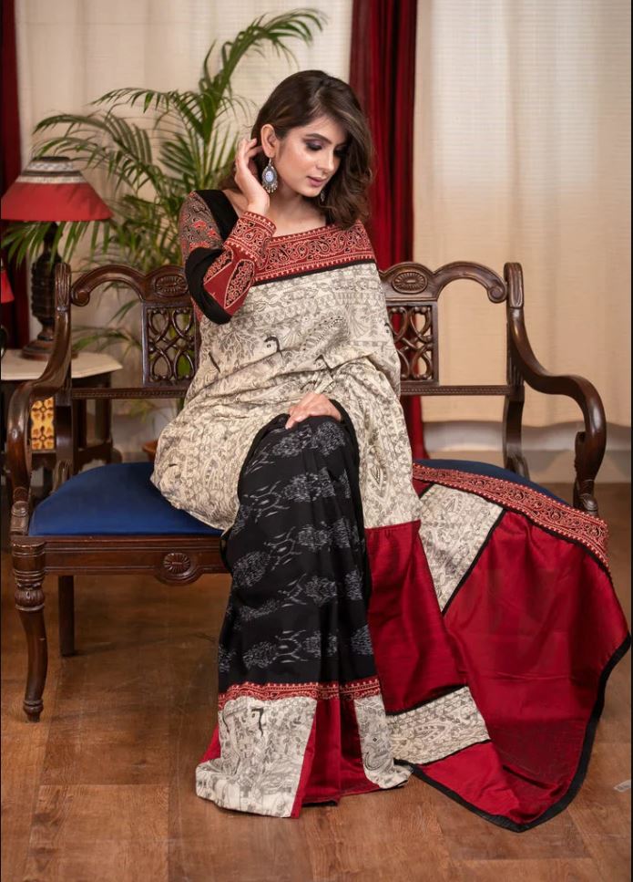 Multi Color Cotton Linen Saree With Unstitched Blouse Piece