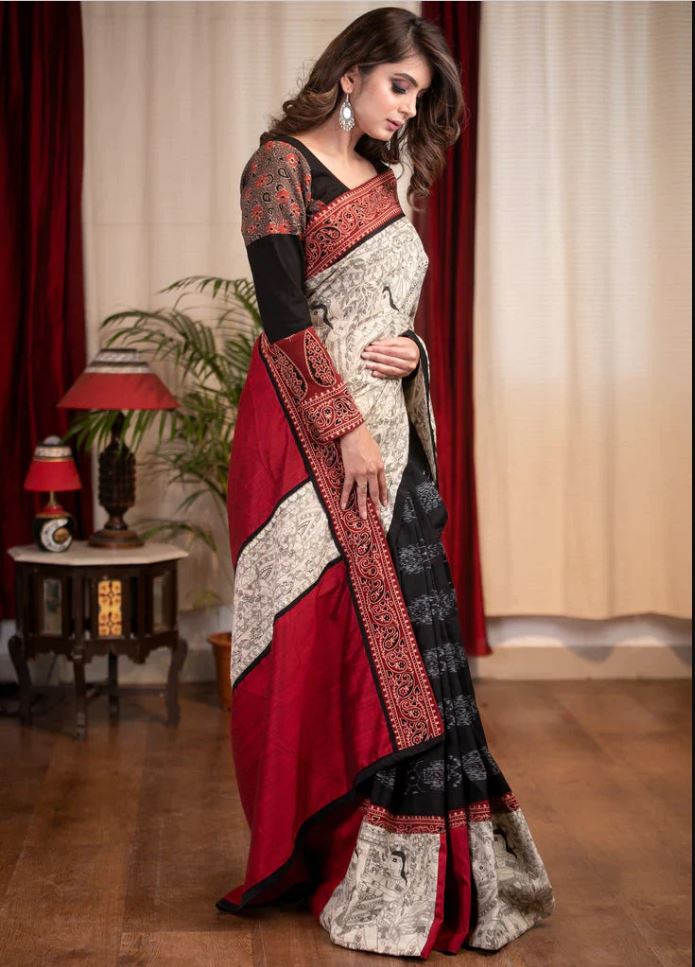 Multi Color Cotton Linen Saree With Unstitched Blouse Piece