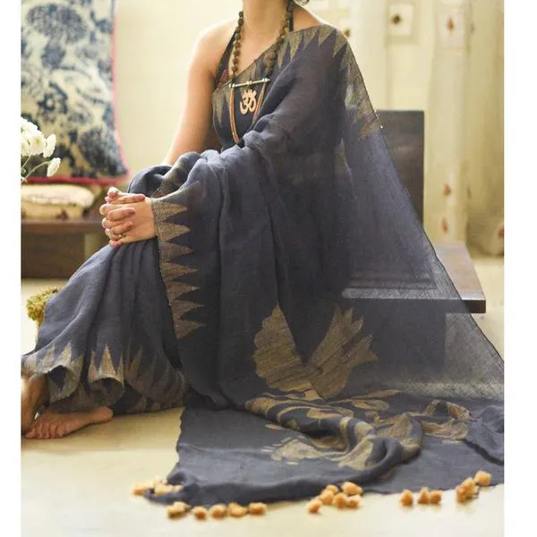 Gray Color Cotton Linen Saree With Unstitched Blouse Piece