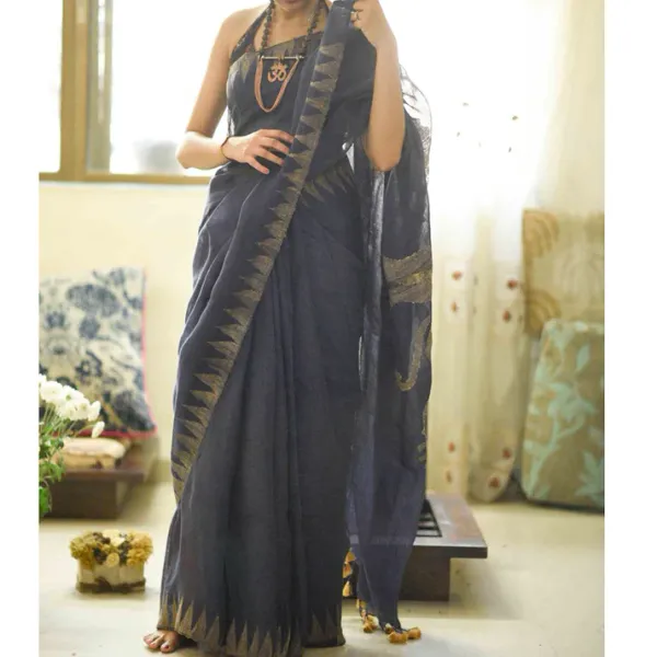 Gray Color Cotton Linen Saree With Unstitched Blouse Piece