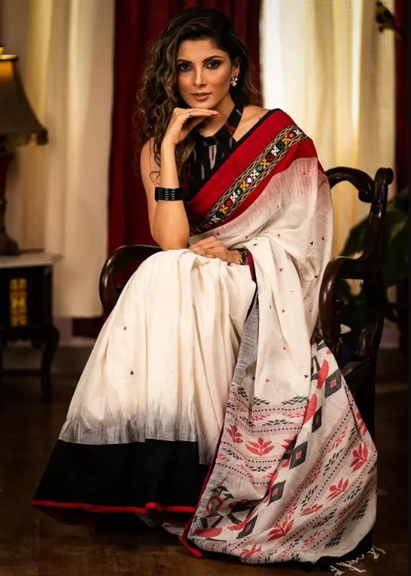Multi Color Cotton Linen Saree With Unstitched Blouse Piece