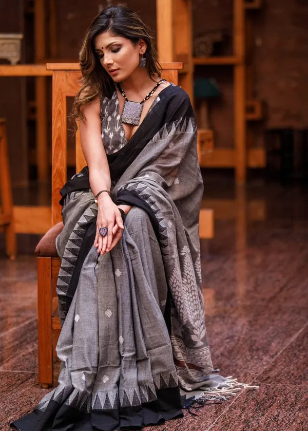 Gray Color Cotton Linen Saree With Unstitched Blouse Piece