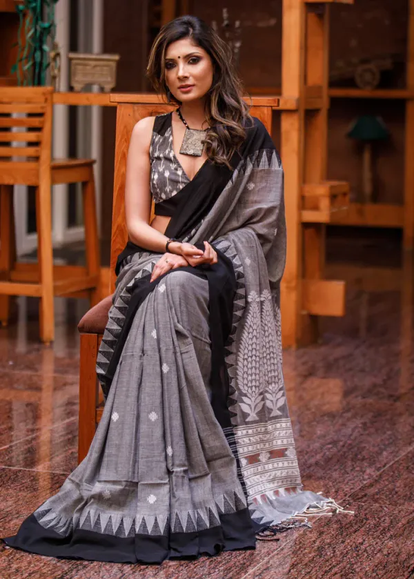 Gray Color Cotton Linen Saree With Unstitched Blouse Piece