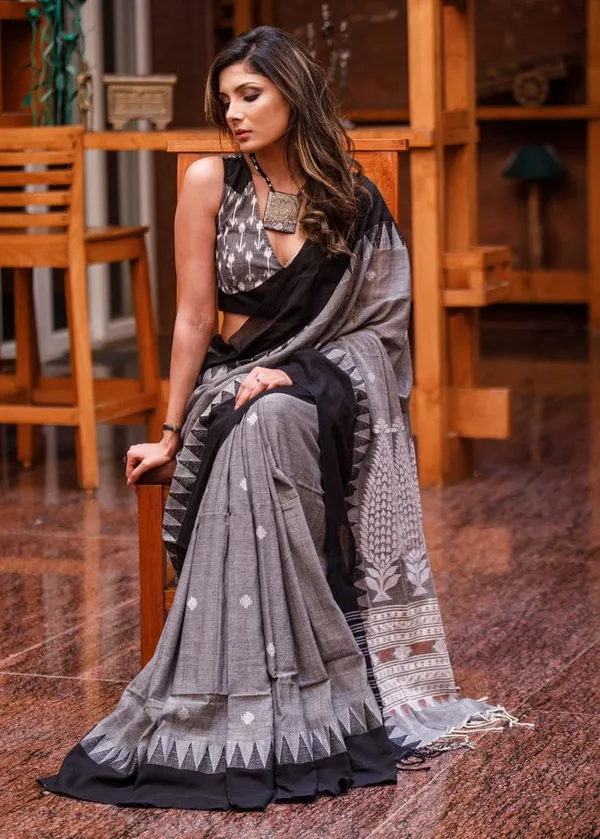 Gray Color Cotton Linen Saree With Unstitched Blouse Piece