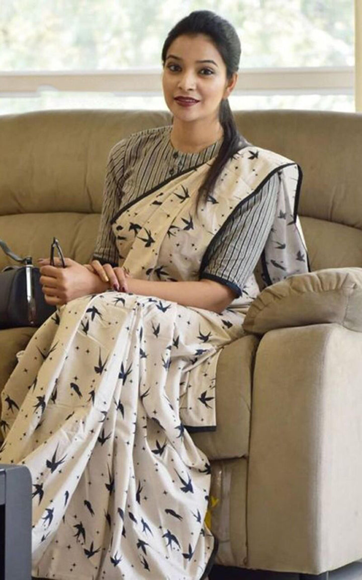 Off-White Color Cotton Linen Saree With Unstitched Blouse Piece