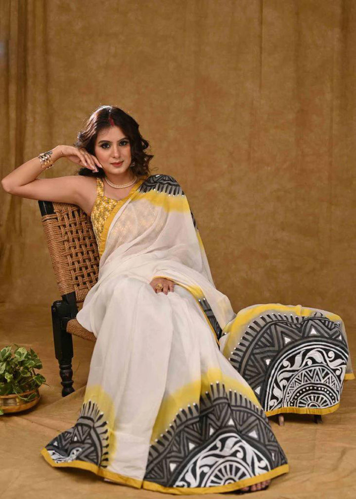 Off-White color Cotton Linen Saree with Unstitched Blouse