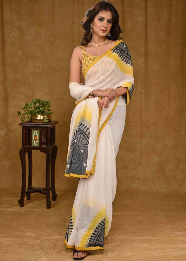 Off-White color Cotton Linen Saree with Unstitched Blouse