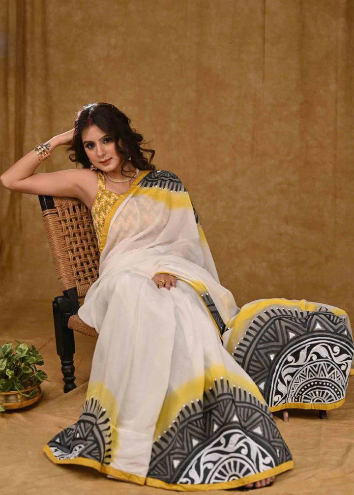 Off-White color Cotton Linen Saree with Unstitched Blouse