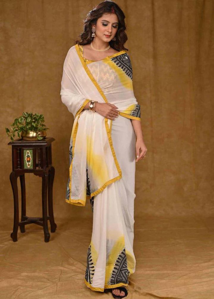 Off-White color Cotton Linen Saree with Unstitched Blouse