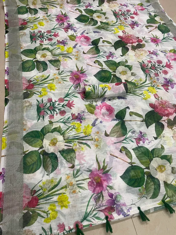 Multi Color Cotton Linen Saree With Unstitched Blouse Piece
