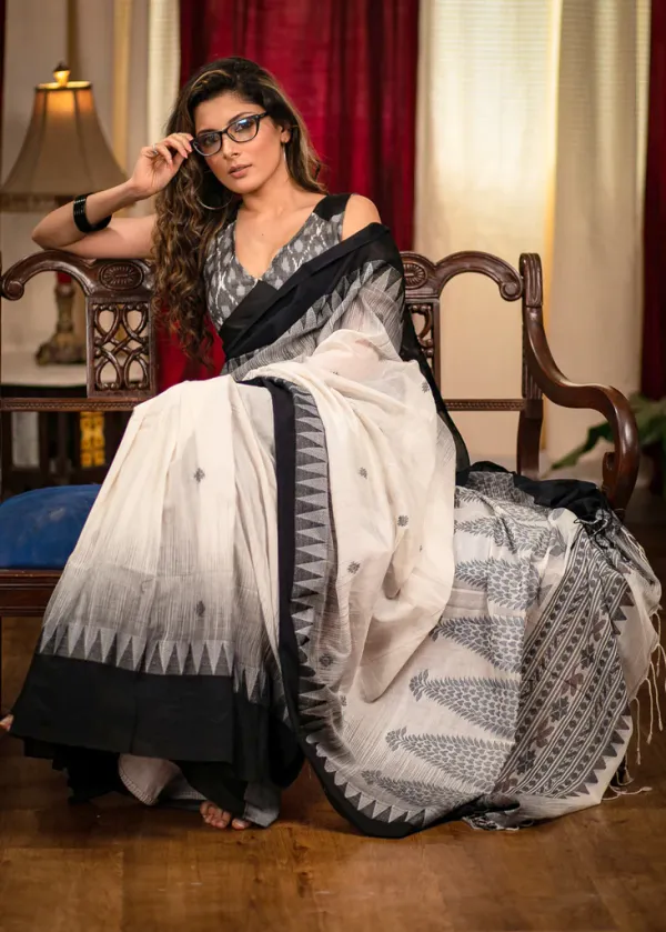 White and Black Color Cotton Linen Saree With Unstitched Blouse Piece