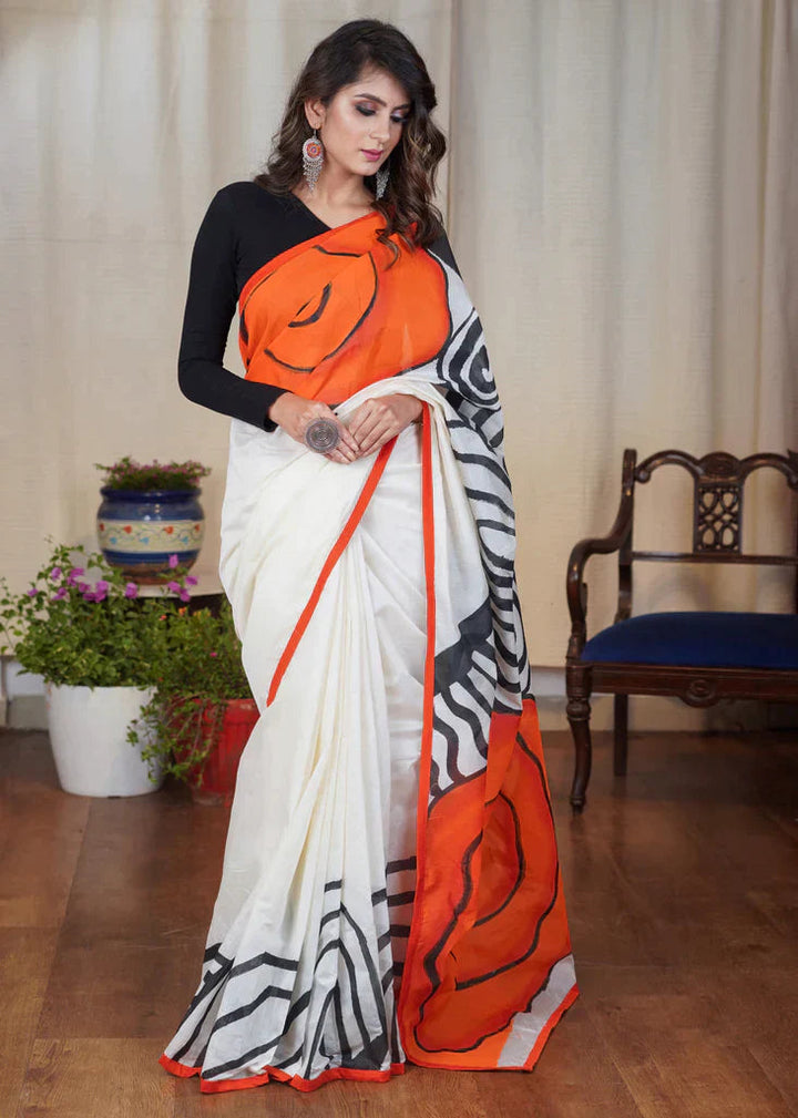 White and Orange color Cotton Linen Saree with Unstitched Blouse