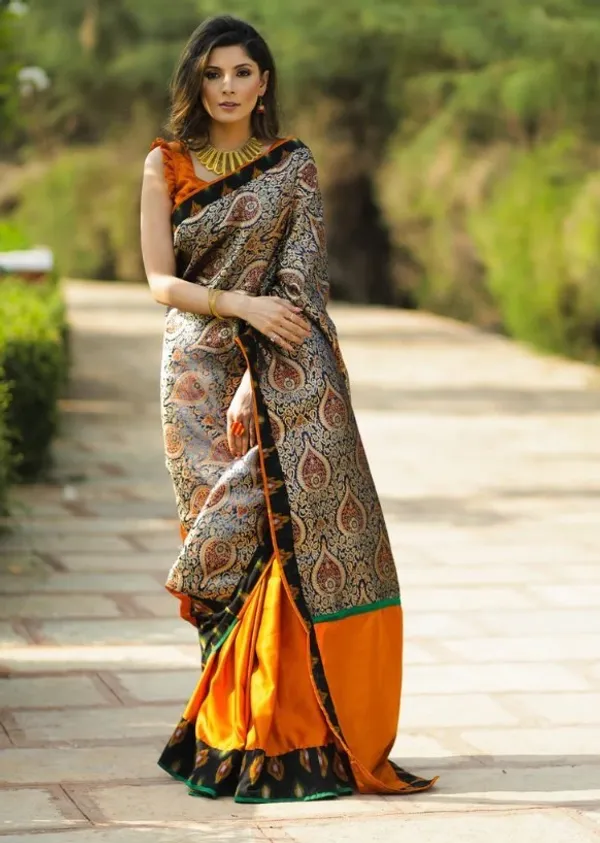 Multi Color Cotton Linen Saree With Unstitched Blouse Piece