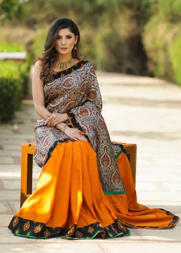 Multi Color Cotton Linen Saree With Unstitched Blouse Piece