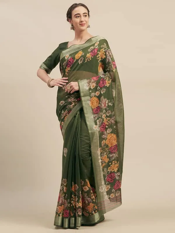 Green Color Cotton Linen Saree With Unstitched Blouse Piece