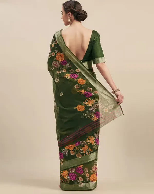 Green Color Cotton Linen Saree With Unstitched Blouse Piece